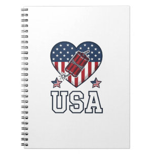 USA Patriotic Firecracker Heart Vintage Vector Shi Notebook