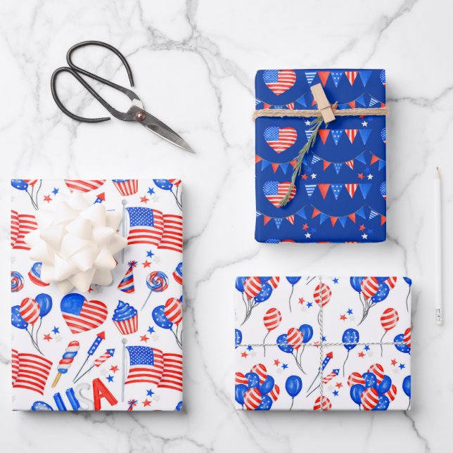 USA Patriotic Flag Wrapping Paper Set of 3 (Front)