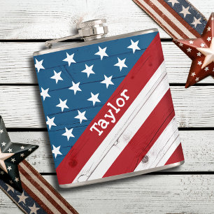 USA Patriotic July 4th Rustic Wood American Flag Hip Flask