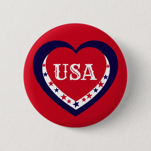USA Patriotic Red White Blue Heart Festive July 4 2 Inch Round Button