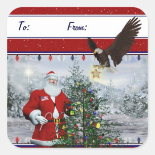 USA Patriotic Santa Christmas Gift Tag Stickers
