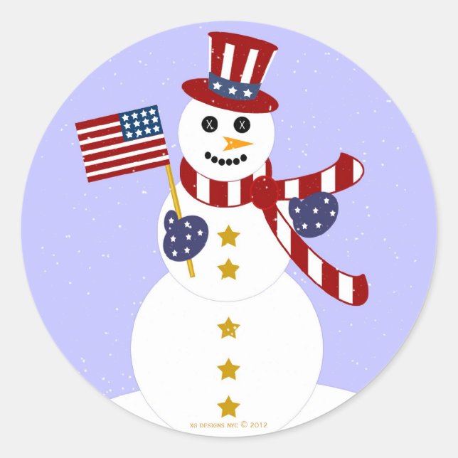 USA Patriotic Snowman with Flag Round Stickers (Front)