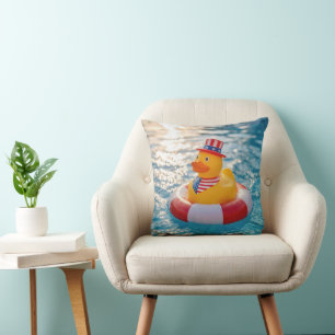 USA Patriotic Yellow Rubber Duck in Pool Throw Pillow