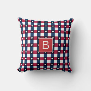 USA Pattern Hearts Red White Blue Custom Monogram Throw Pillow