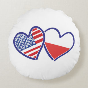 USA Poland Flag Hearts Round Pillow