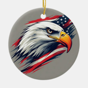 USA Pride Gift – Bald Eagle with American Flag Ceramic Ornament