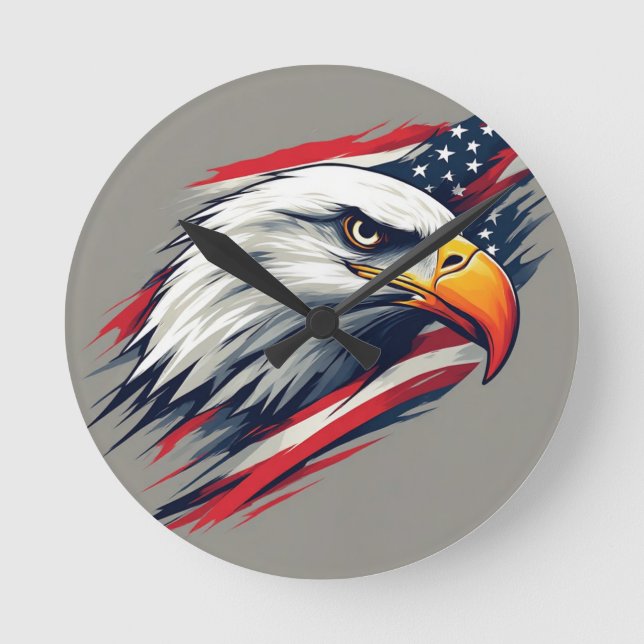 USA Pride Gift – Bald Eagle with American Flag Round Clock (Front)