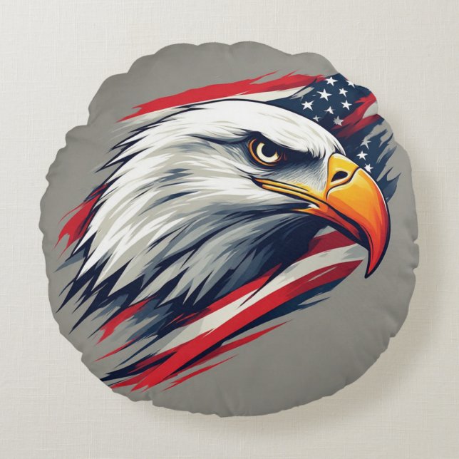 USA Pride Gift – Bald Eagle with American Flag Round Pillow (Front)