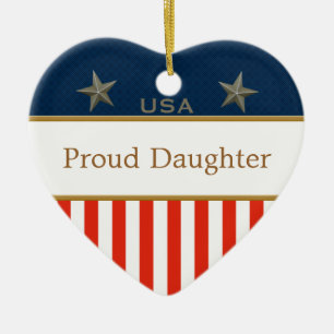 USA Proud Daughter Patriotic Heart Frame Ceramic Ornament