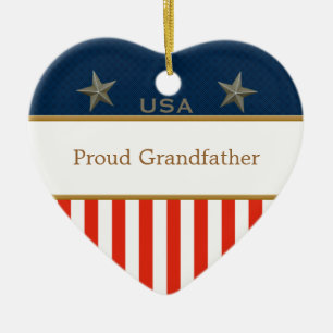USA Proud Grandfather Patriotic Heart Frame Ceramic Ornament