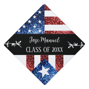 USA Puerto Rico flag sparkles Custom Name Class Graduation Cap Topper