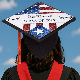USA Puerto Rico flag sparkles Custom Name Class Graduation Cap Topper