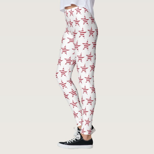 USA Red and White Striped Star Pattern Patriotic Leggings (Left)