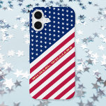 USA Red Blue White Stars Stripes Flag Monogrammed iPhone 16 Plus Case<br><div class="desc">The American, Stars and Stripes, Old Glory, Star-Spangled Banner, USA flag, red blue white, custom, personalized, beautiful elegant faux gold script / typography, name / monogram / initials, chic, stylish, trendy, ultra slim fit, lightweight, high-quality polycarbonate, protective, most economical Apple iPhone case. Simply enter your name / family name /...</div>