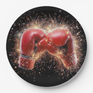 USA Red Boxing Gloves In Fireworks Paper Plate