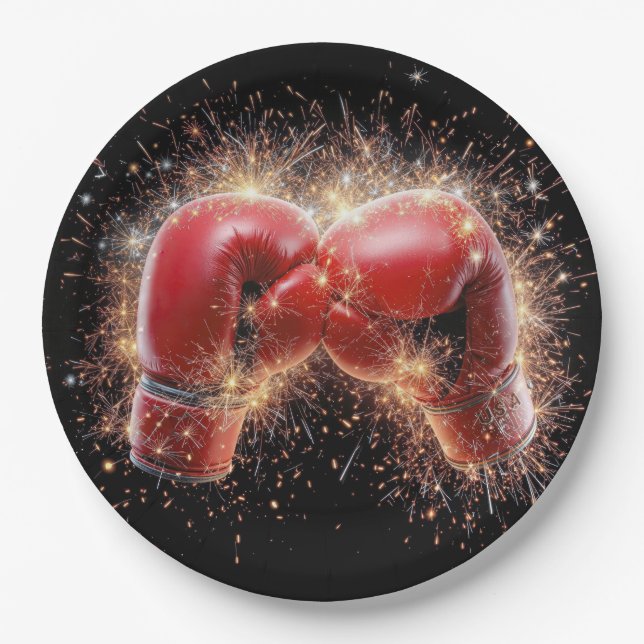 USA Red Boxing Gloves In Fireworks Paper Plate (Front)