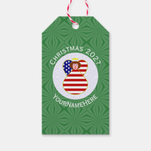 USA Red Hair Angel Christmas Flag Personalized  Gift Tags