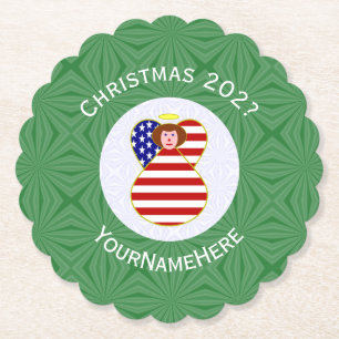 USA Red Hair Angel Christmas Flag Personalized Paper Coaster