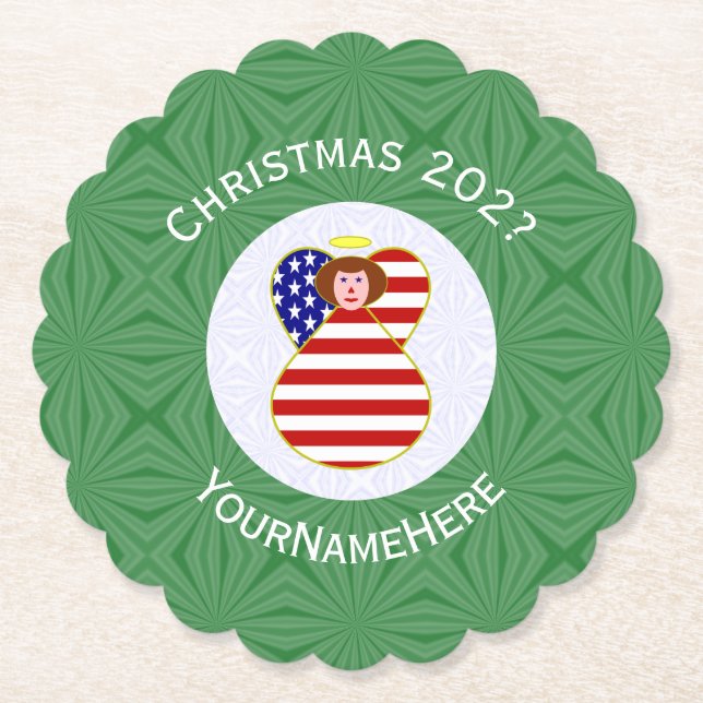 USA Red Hair Angel Christmas Flag Personalized  Paper Coaster (Front)