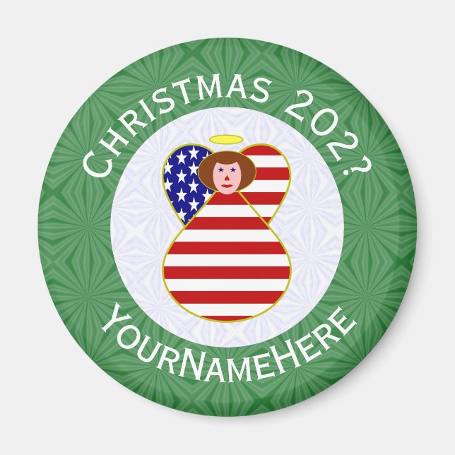 USA Red Haired Angel Christmas Flag Personalized  Magnet (Front)