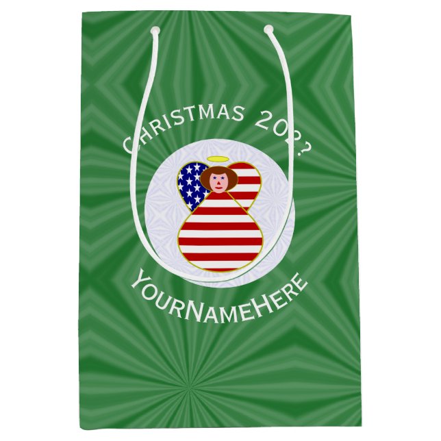 USA Red Haired Angel Christmas Flag Personalized  Medium Gift Bag (Front)