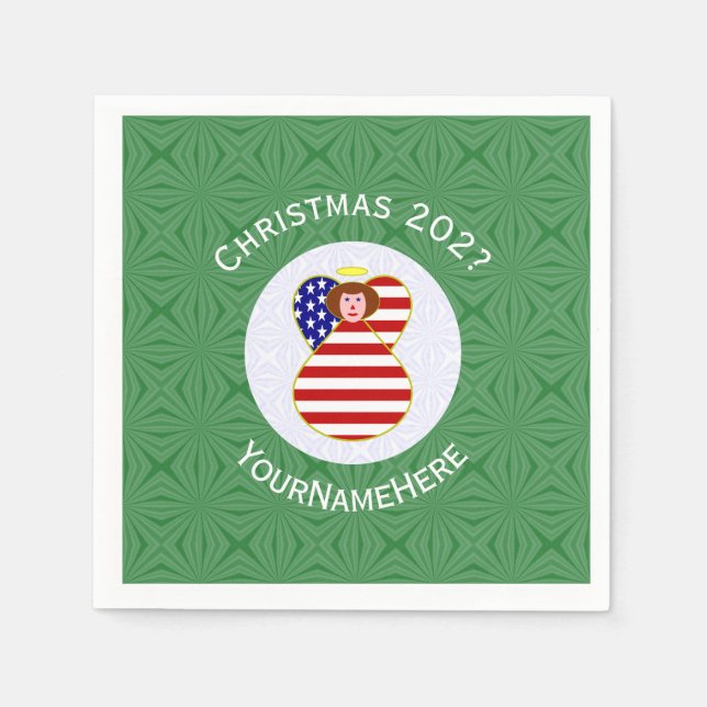 USA Red Haired Angel Christmas Flag Personalized  Napkin (Front)
