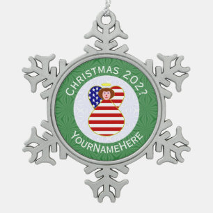 USA Red Haired Angel Christmas Flag Personalized  Snowflake Pewter Christmas Ornament