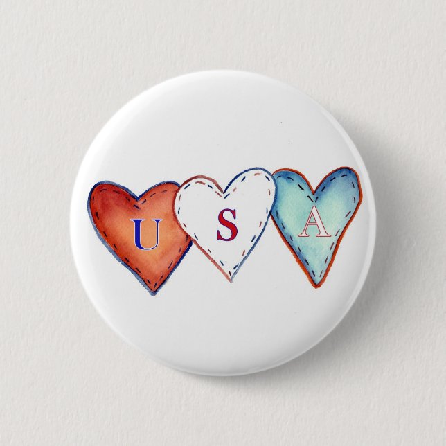 USA Red, White, & Blue America Pride Hearts Button (Front)