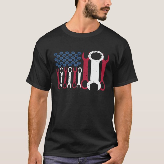 USA Red White Blue American Flag Mechanic T-Shirt (Front)