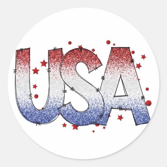 USA Shimmer and Stars Word Art   Classic Round Sticker (Front)