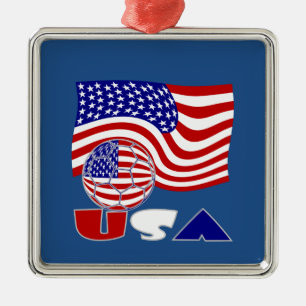 USA Soccer Ball and Flag Metal Ornament