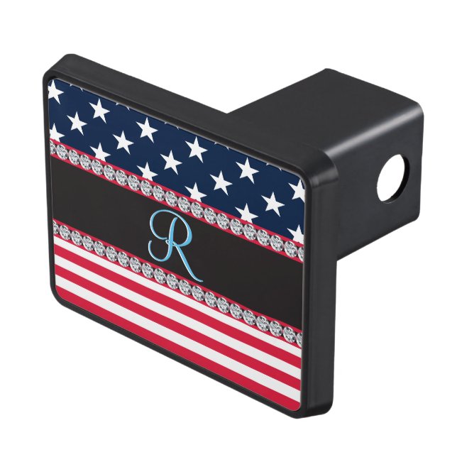 USA Stars Stripes Script Monogram Dazzling Trailer Hitch Cover (Top Right)