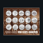 USA State Quarters (Coins) 1999 - 2001 Postcard<br><div class="desc">The 50 State Quarters Program began issuing 5 commemorative coins per year between 1999 and 2008. The Quarter Dollar coins honour each State in the order it was admitted to the Union.
© HTM Images</div>