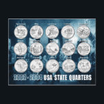 USA State Quarters (Coins) 2002 - 2004 Postcard<br><div class="desc">The 50 State Quarters Program began issuing 5 commemorative coins per year between 1999 and 2008. The Quarter Dollar coins honour each State in the order it was admitted to the Union.
© HTM Images</div>