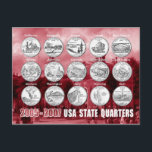 USA State Quarters (Coins) 2005 - 2007 Postcard<br><div class="desc">The 50 State Quarters Program began issuing 5 commemorative coins per year between 1999 and 2008. The Quarter Dollar coins honour each State in the order it was admitted to the Union.
© HTM Images</div>