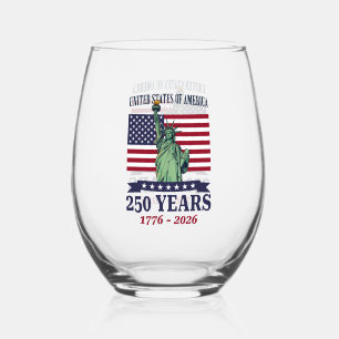 USA Statue of Liberty 250 Years 1776-2026 Stemless Wine Glass