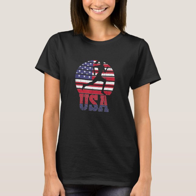 Usa Sunset Running Track Field Team American Flag  T-Shirt (Front)