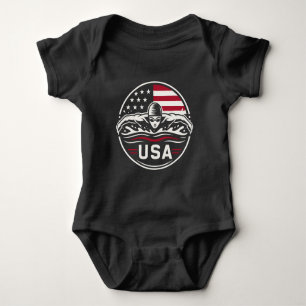 USA Swimmer American Flag Patriotic Swimming Badge Baby Bodysuit