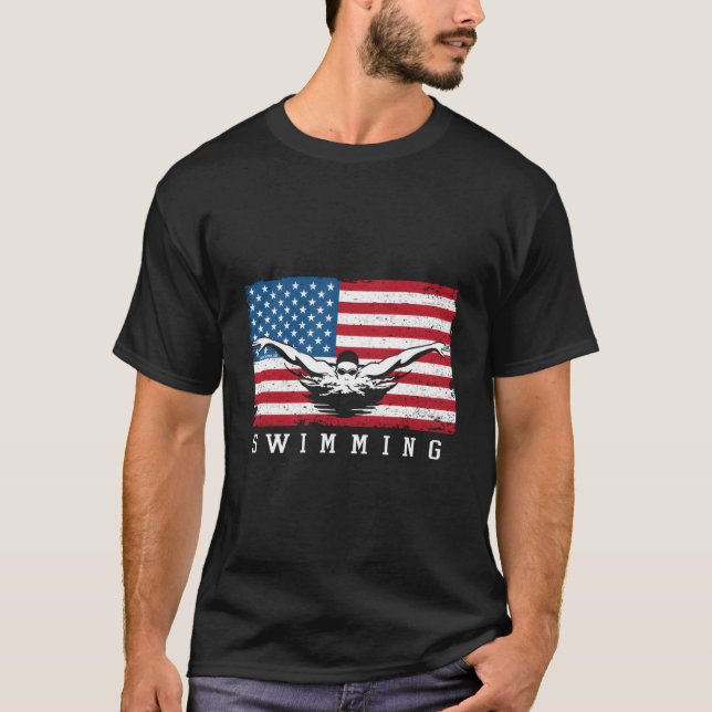 Usa Swimming Vintage Distressed Us Flag T-Shirt (Front)