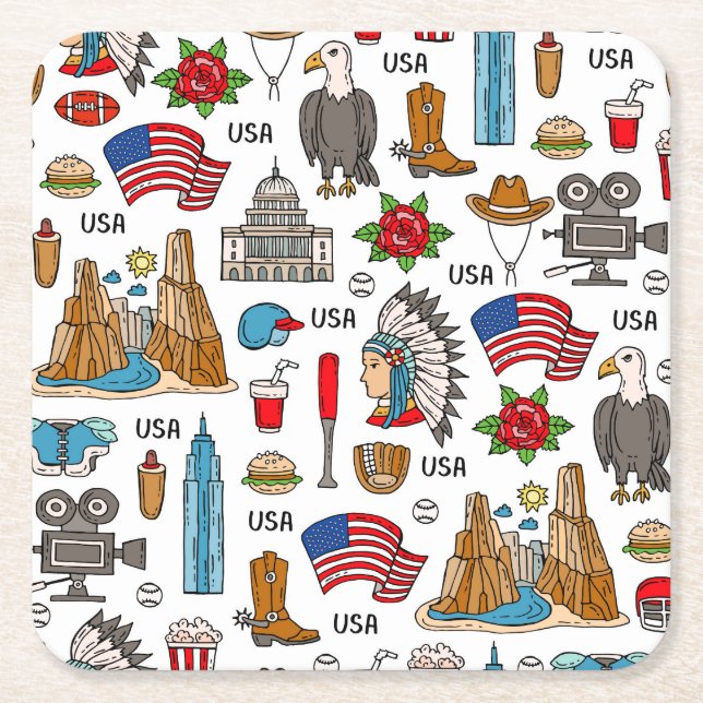 USA Symbols Vintage Seamless Pattern Square Paper Coaster (Front)