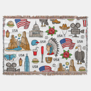 USA Symbols Vintage Seamless Pattern Throw Blanket