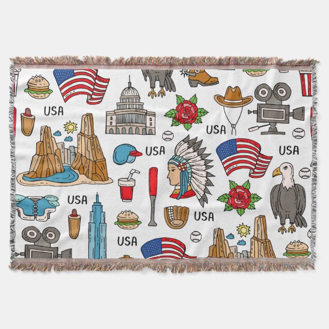 USA Symbols Vintage Seamless Pattern Throw Blanket (Front)