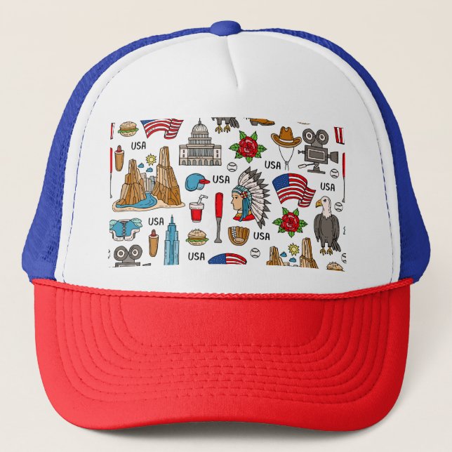 USA Symbols Vintage Seamless Pattern Trucker Hat (Front)