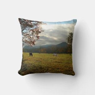 USA, Tennessee. Horses In Cades Cove Valley Throw Pillow