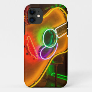 USA, Texas, Austin. Neon Guitar At Blackmail iPhone 11 Case