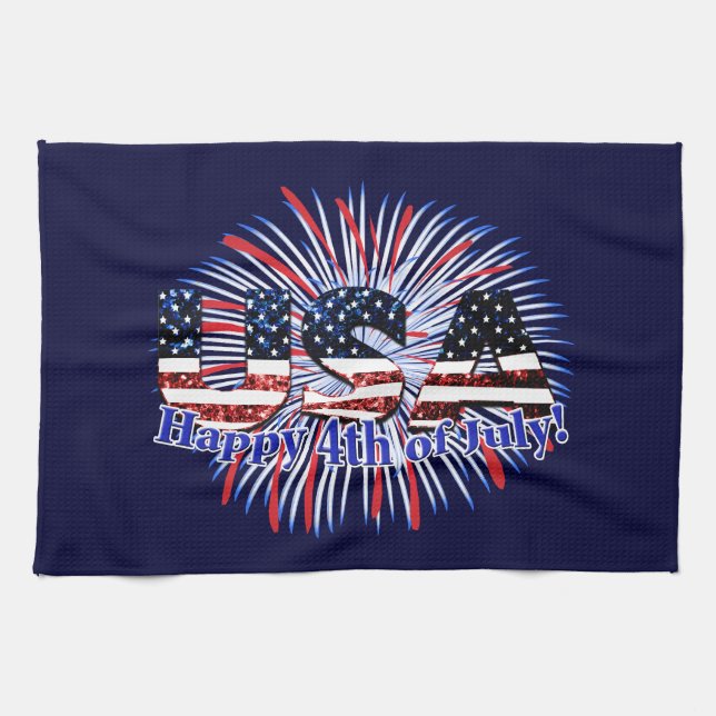 USA text flag glitters fireworks Happy 4th of July Kitchen Towel (Horizontal)