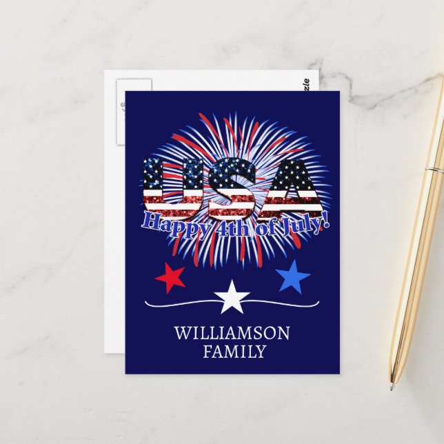 USA text flag glitters fireworks Happy 4th of July Postcard (Front/Back In Situ)