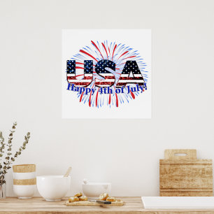 USA text flag glitters fireworks Happy 4th of July Poster