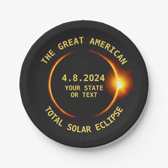 USA Total Solar Eclipse Party 4/8/2024 Custom Text Paper Plate (Front)