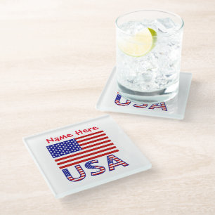 USA United States America Flag Red Personalization Glass Coaster